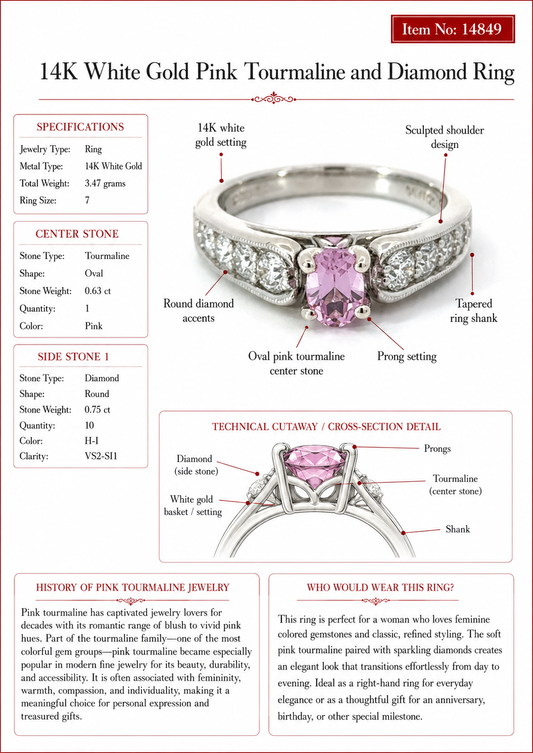 14K White Gold Pink Tourmaline and Diamond Ring 14849