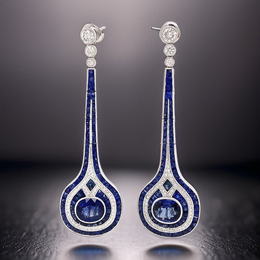 Aristocrat Art Deco Style 11.30 cttw Ceylon Sapphire Diamond Drop Earrings