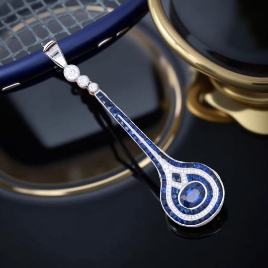 New Aristocrat Art Deco Reproduction 5.85 cttw Ceylon French Cut Sapphire and Diamond 18K White Gold Pendant  15307