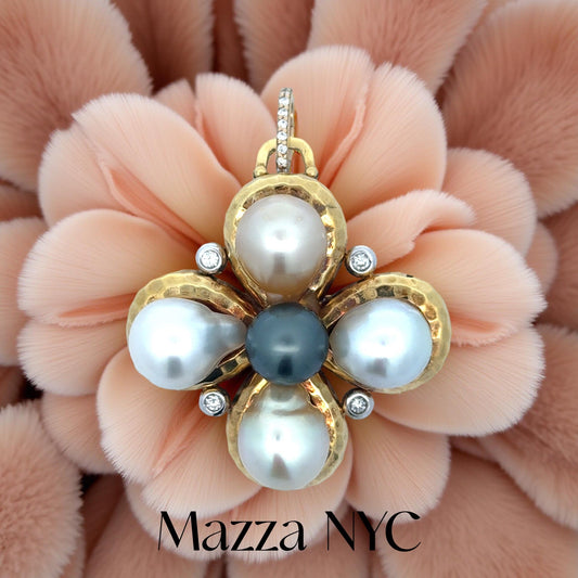 Estate NYC Designer Mazza South Sea & Tahitian Pearl Diamond Pendant/Brooch 15690
