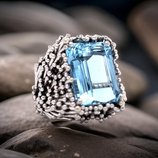 Custom Made Estate 20.20ct Aquamarine 18k White Gold Thistle Ring 12554