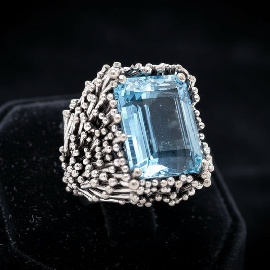 Custom Made Aquamarine and 18k White Gold Thistle Ring