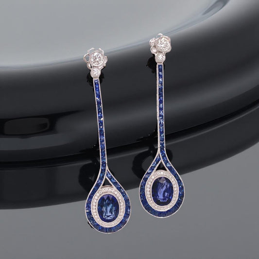 Aristocrat Art Deco Style 7.15 ctw Sapphire and Diamond 14K White Gold Dangle Earrings