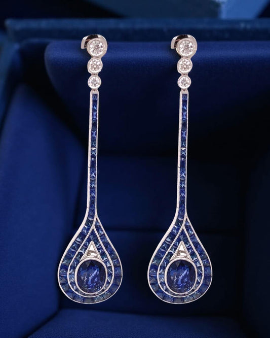 Aristocrat Art Deco Style 9.07 ctw Sapphire and Diamond 14K White Gold Dangle Earrings