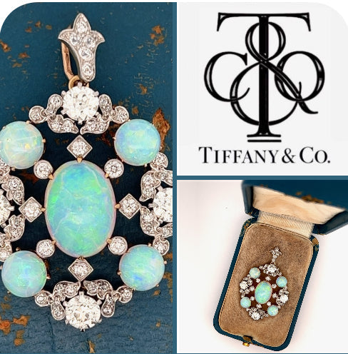 Estate Tiffany & Company 4.75 cttw Diamond 9.50 cttw Opal Platinum & 18K Yellow Gold Pendant Orginial Box Circa 1900 14284