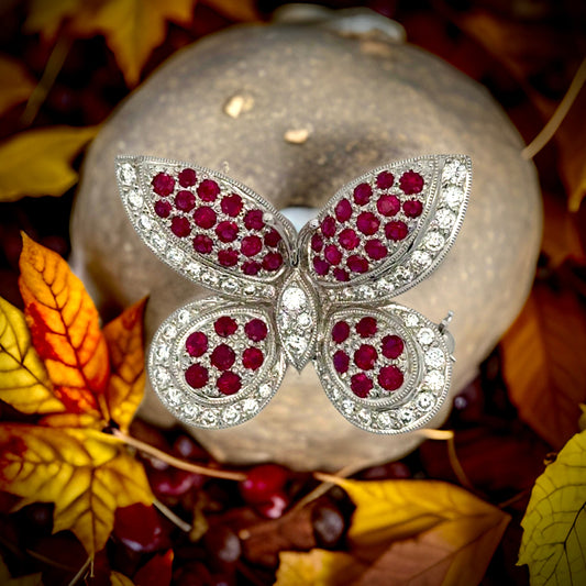 Estate Fine Ruby & Diamond 18K White Gold Butterfly Pendant/Brooch 15310