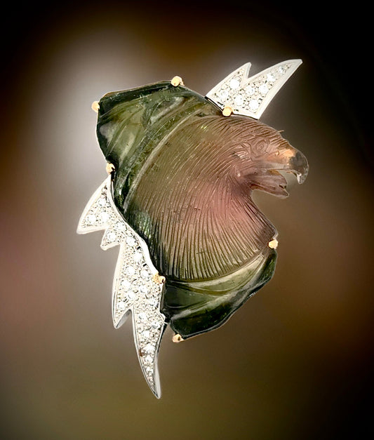 Estate Custom Made Carved American Eagle 50.67 ct Watermelon Tourmaline Diamond Platinum/18K YG Pendant/Brooch 15311