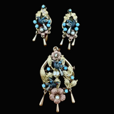 Victorian Revival Turquoise, Cultured Pearl 14K Yellow/Rose Gold and Pewter Pendant, Brooch and Earring Set