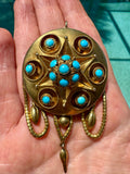 Victorian 1870's Turquoise and 14Kt Yellow Gold Pendant Brooch