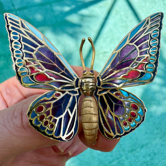 Mid Century 1950's "Plique A Jour" 18Kt Yellow Gold Articulating Wings Butterfly Brooch