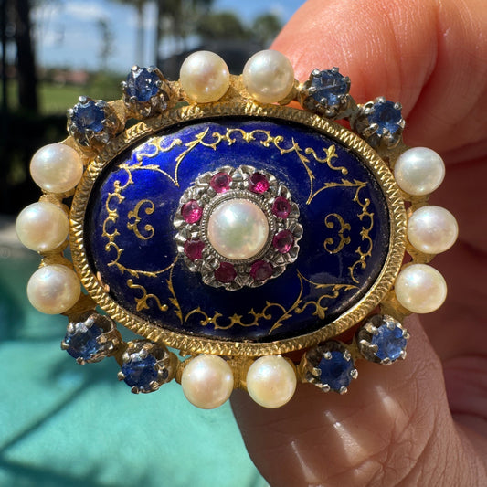 Victorian Revival Cobalt Blue Enamel, Pearl, Pink and Blue Sapphire 18K Yellow Gold Brooch