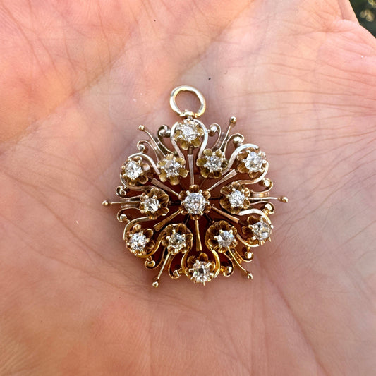 Mid Century Modern Old Mine Cut Diamond 14K Yellow Gold Brooch/Pendant