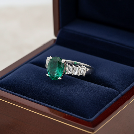 Oval Emerald and Diamond Platinum Ring
