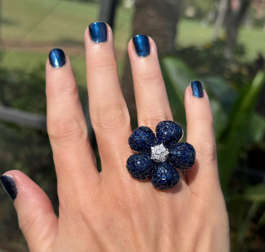 Estate "Cartier Style" 14.50 cttw Sapphire & Diamond 18K White Gold Ring 15700