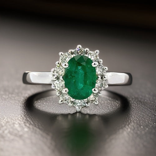 Estate 1.05 ct Emerald & Diamond Halo Ring 14098