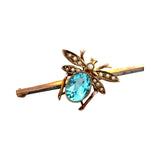 English Estate Circa 1890 Blue Zircon & Natural Seed Pearls Bee Bar Brooch 9K/SS 15365