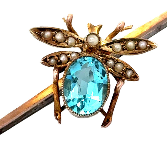 English Estate Circa 1890 Blue Zircon & Natural Seed Pearls Bee Bar Brooch 9K/SS 15365