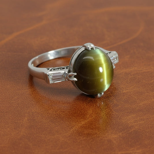 Cat's Eyes Tourmaline, Diamond and Platinum Three-Stone Ring