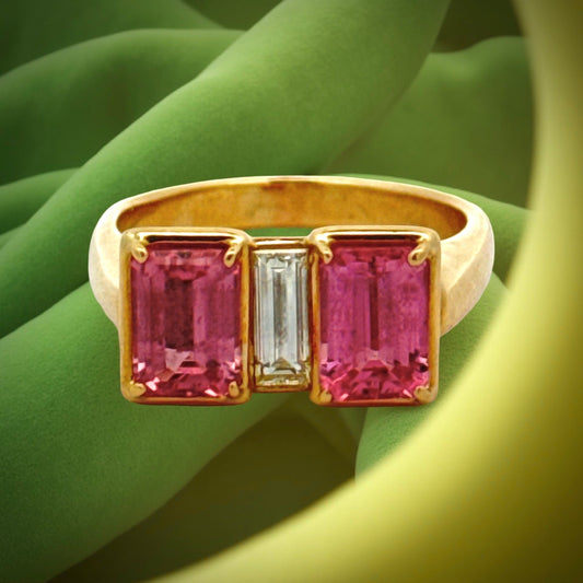 Pink Sapphire, Diamond and 18K Yellow Gold Statement Ring