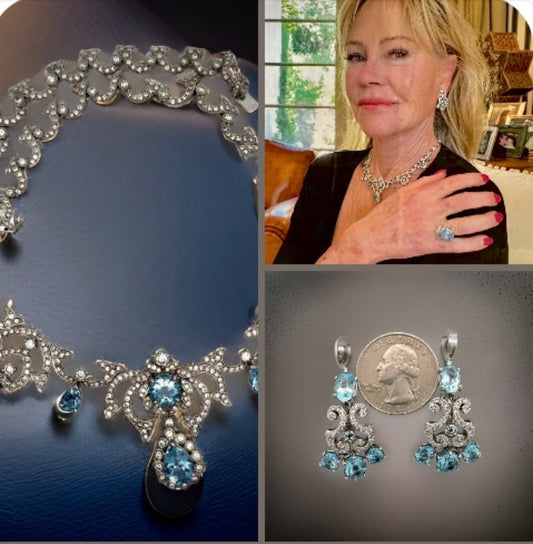 Property Of Hollywood Actress Melanie Griffith Aquamarine 19.00 cttw 3.50 cttw Diamond 18Kt White Gold Necklace & Earrings 14759