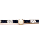 Estate Diamond Sapphire and Pearl 18K Yellow Gold Brooch 11961