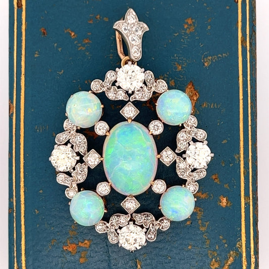 Estate Tiffany & Company 4.75 cttw Diamond 9.50 cttw Opal Platinum & 18K Yellow Gold Pendant Orginial Box Circa 1900 14284