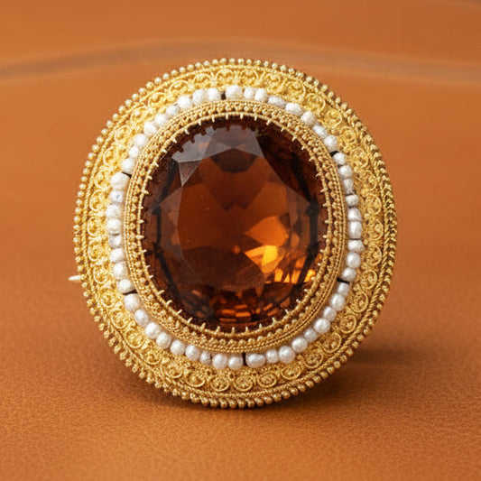 Art Deco Citrine and 14K Yellow Gold Pendant Brooch