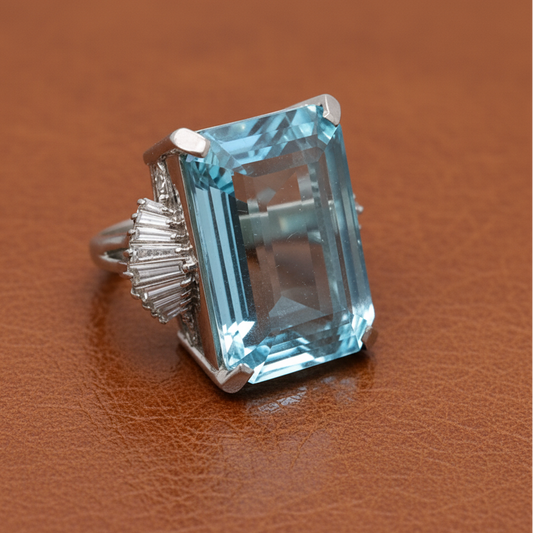 Emerald Cut Aquamarine and Diamond Platinum Ring