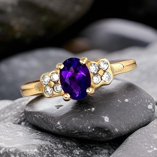 Estate Amethyst and Diamond 14K YG Ring 15517