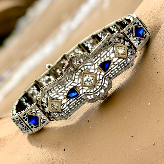 Estate Art Deco Filigree Diamond Sapphire Platinum/14K WG Bracelet 15533