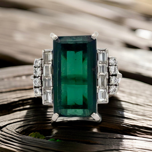 Estate 5.80 ct Green Tourmaline Diamond Platinum Ring 15538