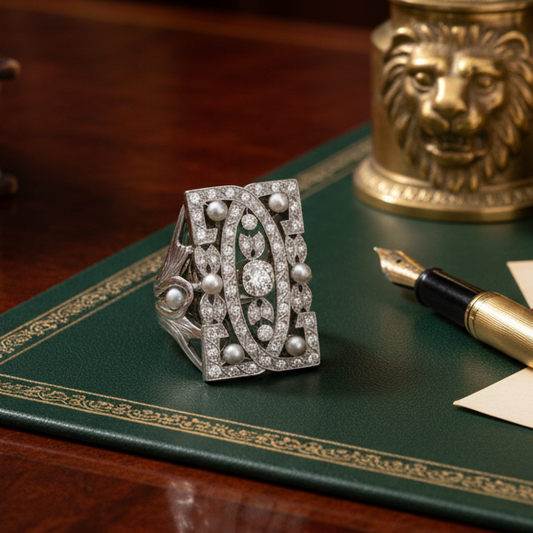 Vintage Diamond and Pearl Platinum and 14Kt White Gold Filigree Ring