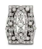 Vintage Diamond and Pearl Platinum and 14Kt White Gold Filigree Ring