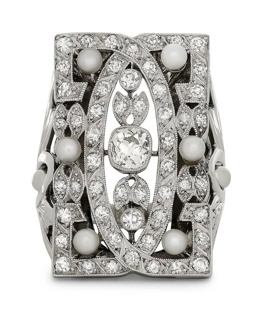 Vintage Diamond and Pearl Platinum and 14Kt White Gold Filigree Ring