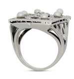 Vintage Diamond and Pearl Platinum and 14Kt White Gold Filigree Ring