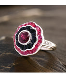 Art Deco Reproduction Aristocrat Ruby, Onyx, Diamond and 18K White Gold Ring