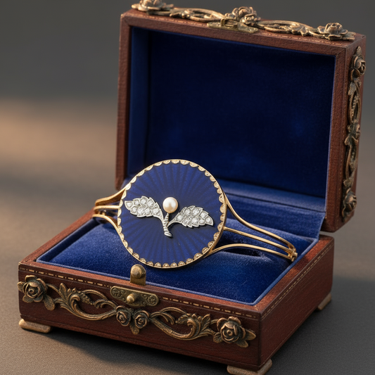 Estate Victorian Diamond , Natural Pearl , Blue Enamel Victorian 14K Gold Bangle 14730