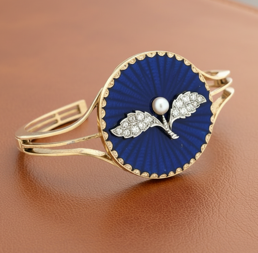 Estate Victorian Diamond , Natural Pearl , Blue Enamel Victorian 14K Gold Bangle 14730