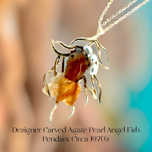Estate Carved Agate & Pearl Fish Pendant/Brooch 15561