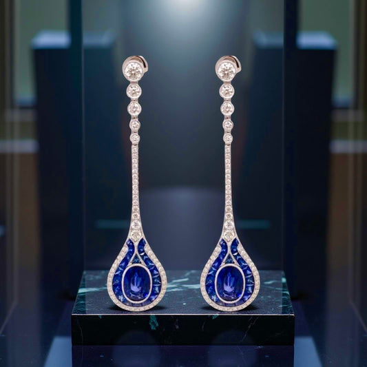 Aristocrat Art Deco Style 5.95 ctw Sapphire and Diamond18K White Gold Dangle Earrings