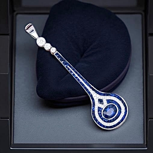New Aristocrat Art Deco Reproduction 5.85 cttw Ceylon French Cut Sapphire and Diamond 18K White Gold Pendant  15307