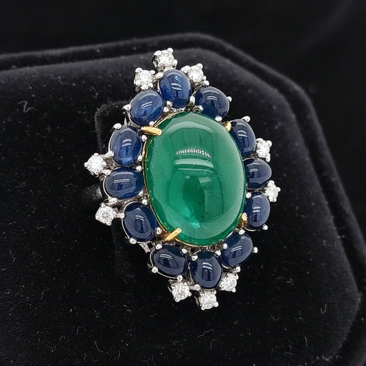 Emerald, Sapphire and Diamond 18K White Gold Ring