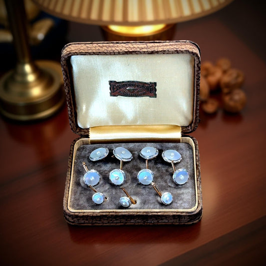 Estate Art Deco Mother of Pearl Tuxedo Shirt Studs & Matching Double Sided Cuff Link (Set in Original Box) 15662