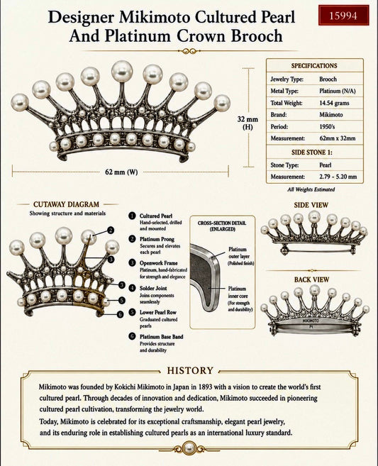Designer Mikimoto Cultured Pearl and Platinum Crown Brooch