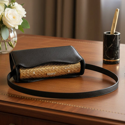 Vintage Italian 1960's Woven 18K Yellow Gold and Diamond Minaudiere/Evening Purse with Leather Outer Case