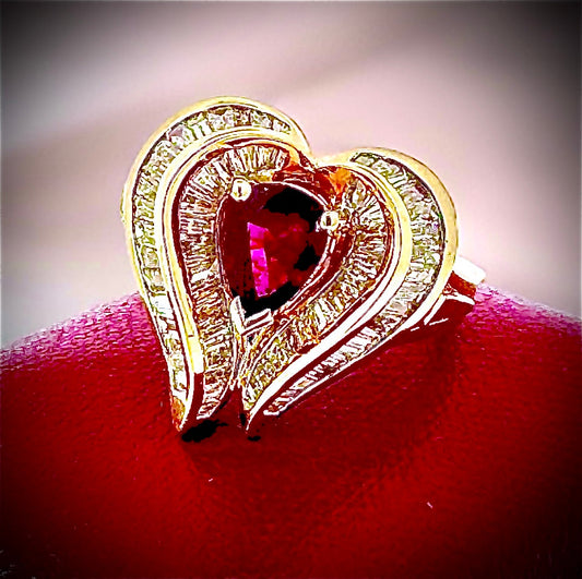 Estate Fine .80 ct Pear Shape Ruby & 1.37 cttw Diamond Yellow Gold Ring 15062