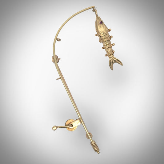 THe Wicked Tuna Fisherman Captain 14k Yellow Gold Articulating Fishing Pole and Reel Brooch