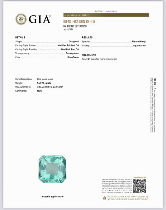 Estate Rare 541.95 ct Aqaumarine Blue - Green Loose Gemstone GIA Report 15083