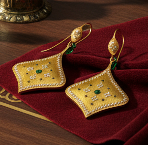 1990's Brush Finish Diamond and Emerald 18k Yellow Gold Earrings