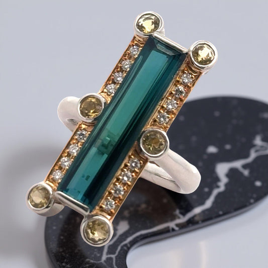 Estate Custom 4.45 ct Elongated Cut Tourmaline Diamond Citrine Platinum/18K Yellow Gold Ring 15699